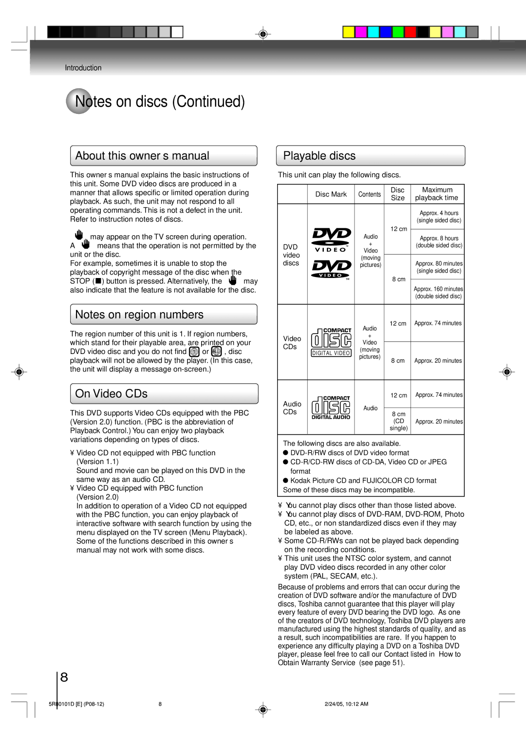 Toshiba MD13Q41, MD20Q41 owner manual On Video CDs, Playable discs, Dvd 