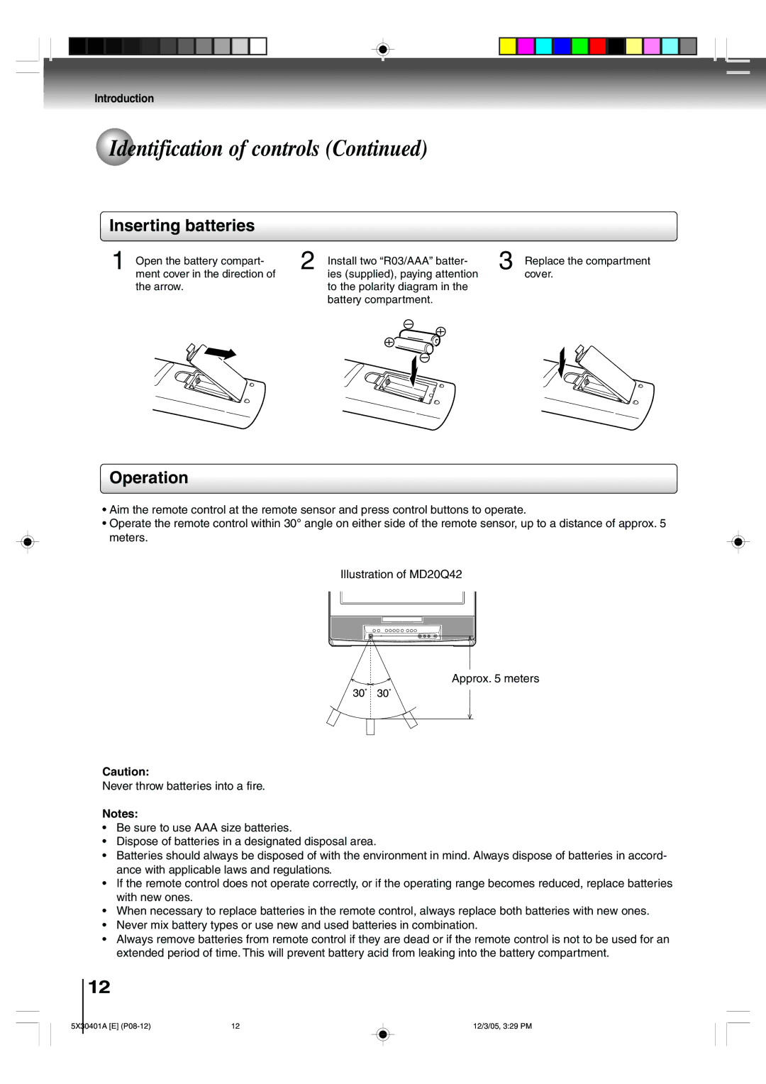 Toshiba MD13Q42, MD20Q42 owner manual Inserting batteries, Operation 