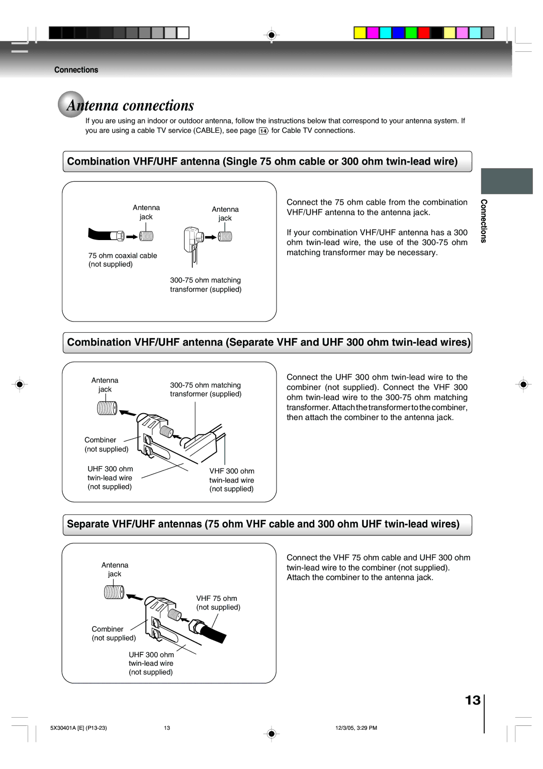 Toshiba MD20Q42, MD13Q42 owner manual Antenna connections, Connections 