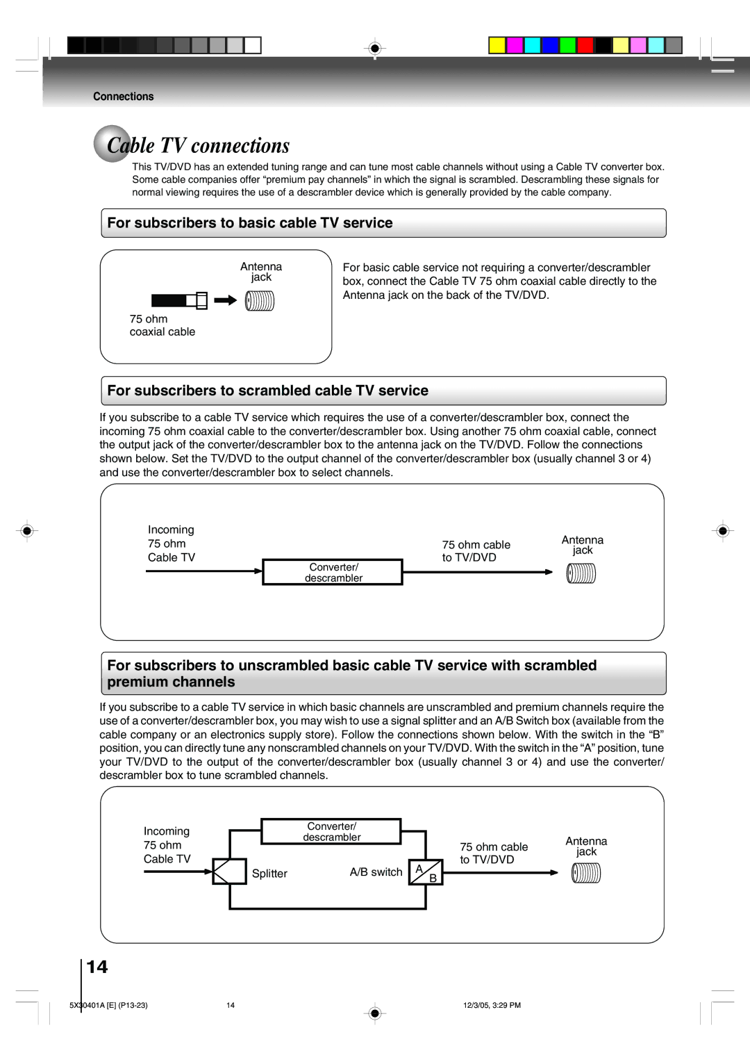 Toshiba MD13Q42, MD20Q42 owner manual Cable TV connections, For subscribers to basic cable TV service 