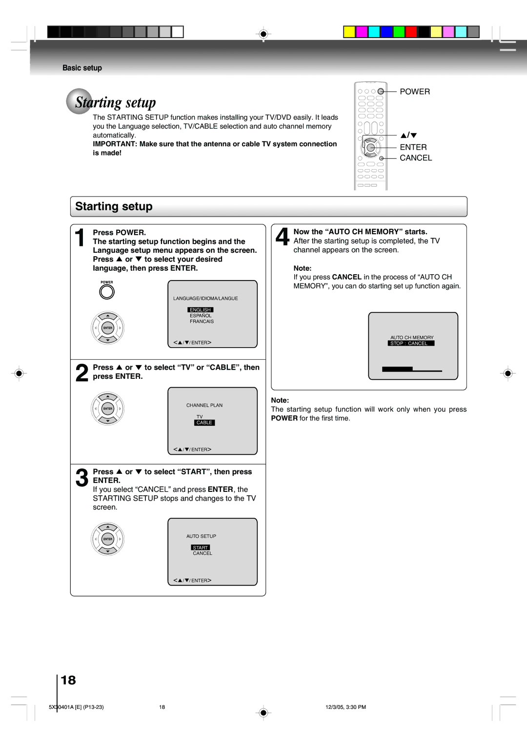 Toshiba MD13Q42 Starting setup, Press or to select TV or CABLE, then press Enter, Press or to select START, then press 