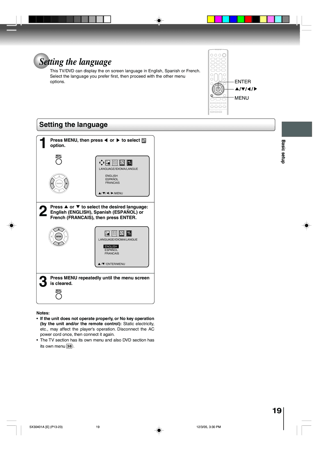 Toshiba MD20Q42, MD13Q42 owner manual Setting the language, Press MENU, then press or to select option, Basic setup 