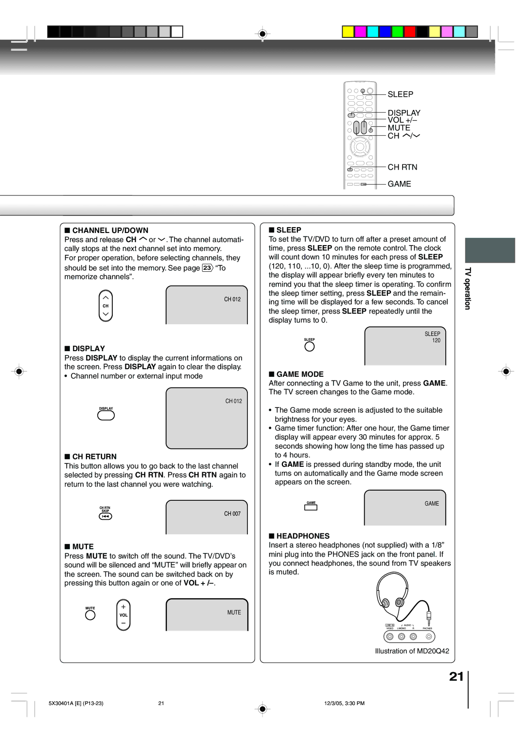 Toshiba MD20Q42, MD13Q42 owner manual Channel UP/DOWN, Display, CH Return, Mute, Sleep, Game Mode, Headphones 