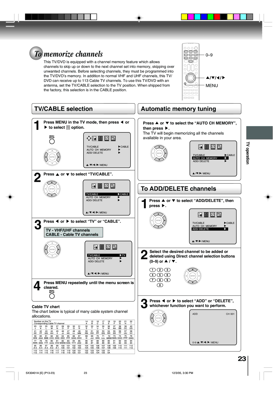 Toshiba MD20Q42, MD13Q42 To memorize channels, TV/CABLE selection Automatic memory tuning, To ADD/DELETE channels 