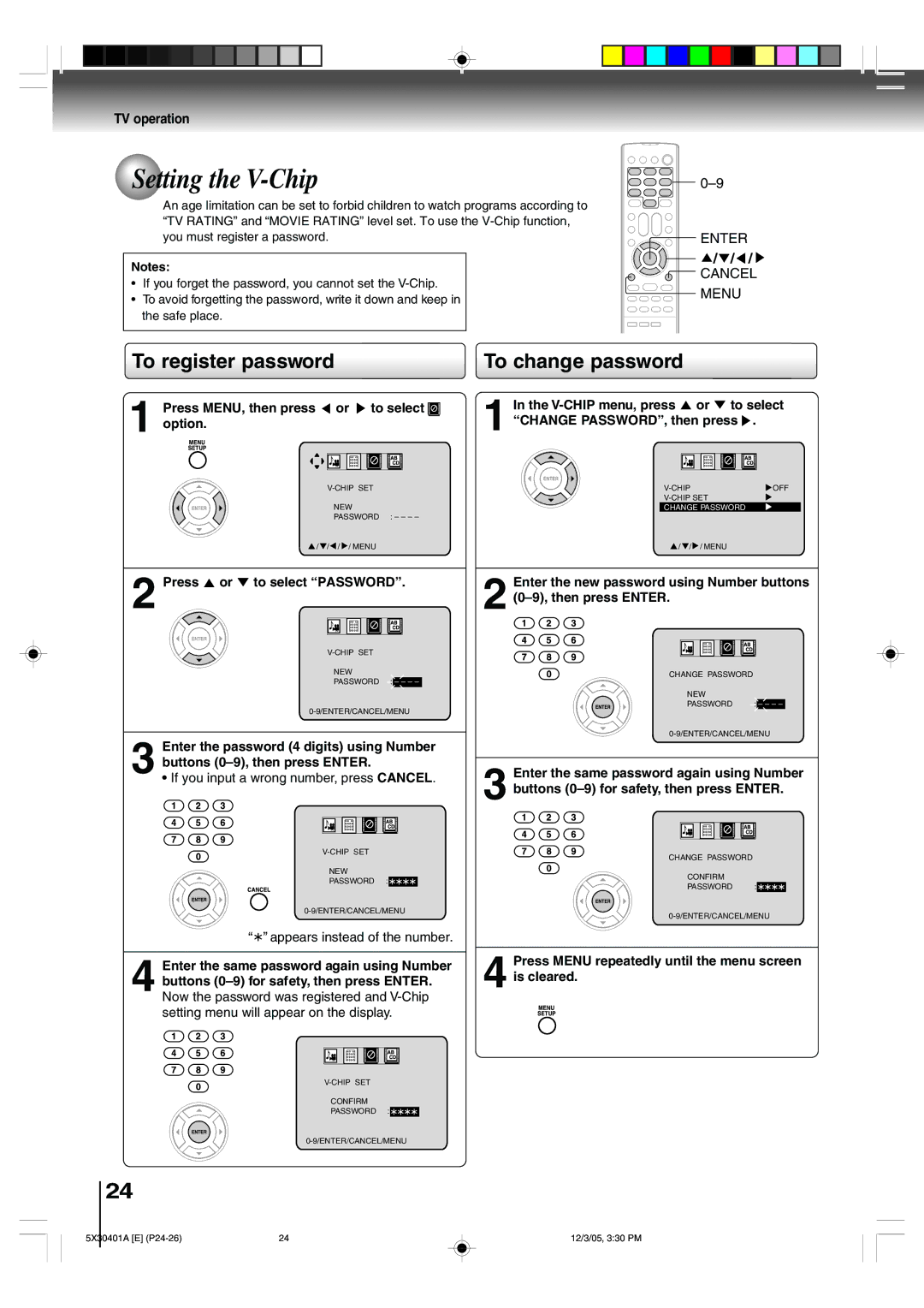 Toshiba MD13Q42, MD20Q42 owner manual Setting the V-Chip, To register password, To change password 