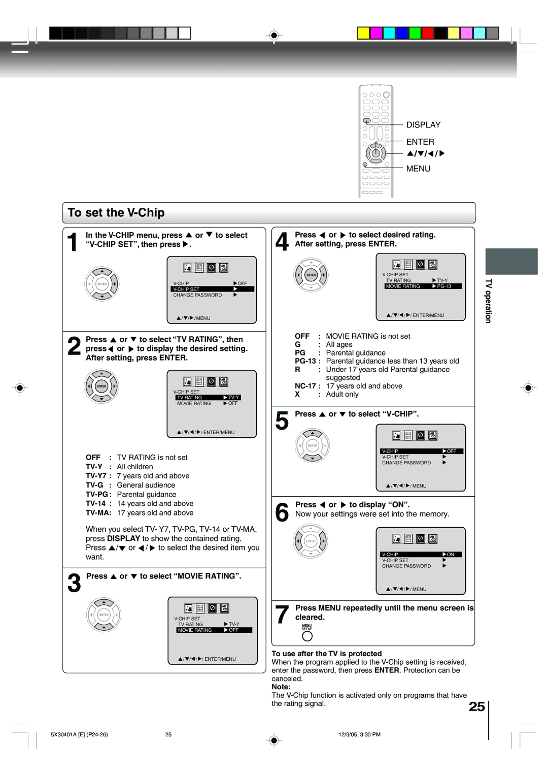 Toshiba MD20Q42, MD13Q42 owner manual To set the V-Chip, Off, Tv-Y, Tv-G, Tv-Ma 