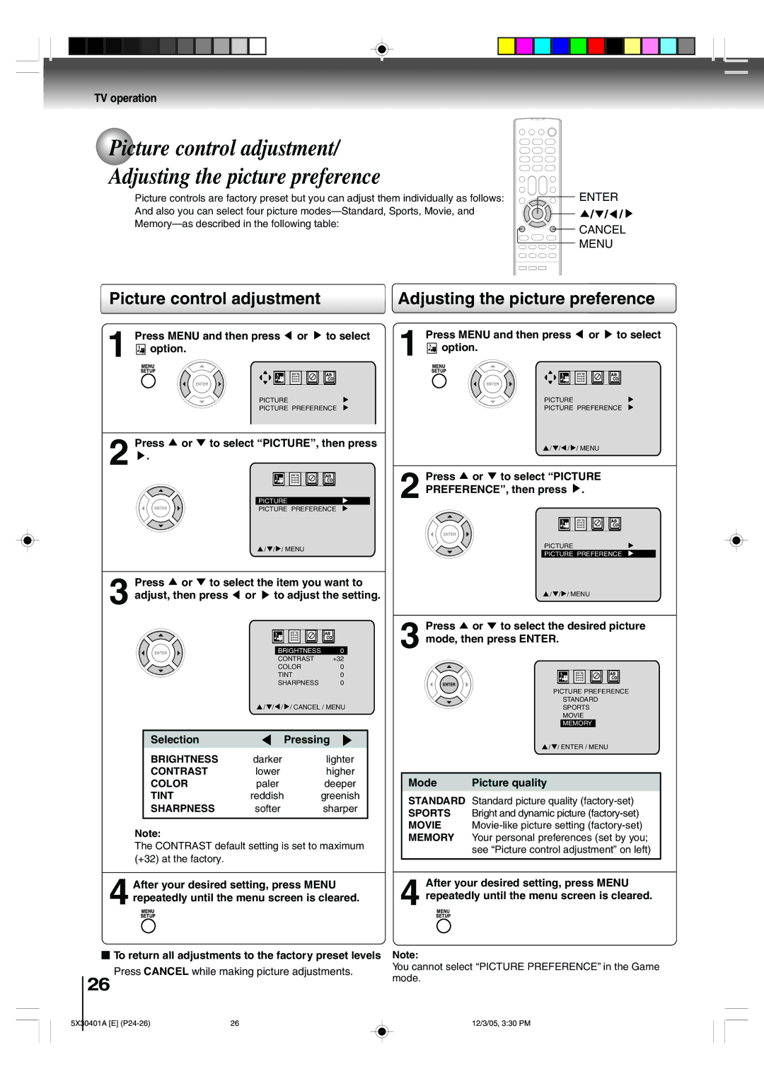 Toshiba MD13Q42, MD20Q42 owner manual Picture control adjustment Adjusting the picture preference 