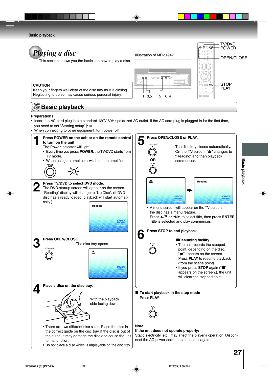 Toshiba MD20Q42, MD13Q42 owner manual Playing a disc, Vcdcd Basic playback 