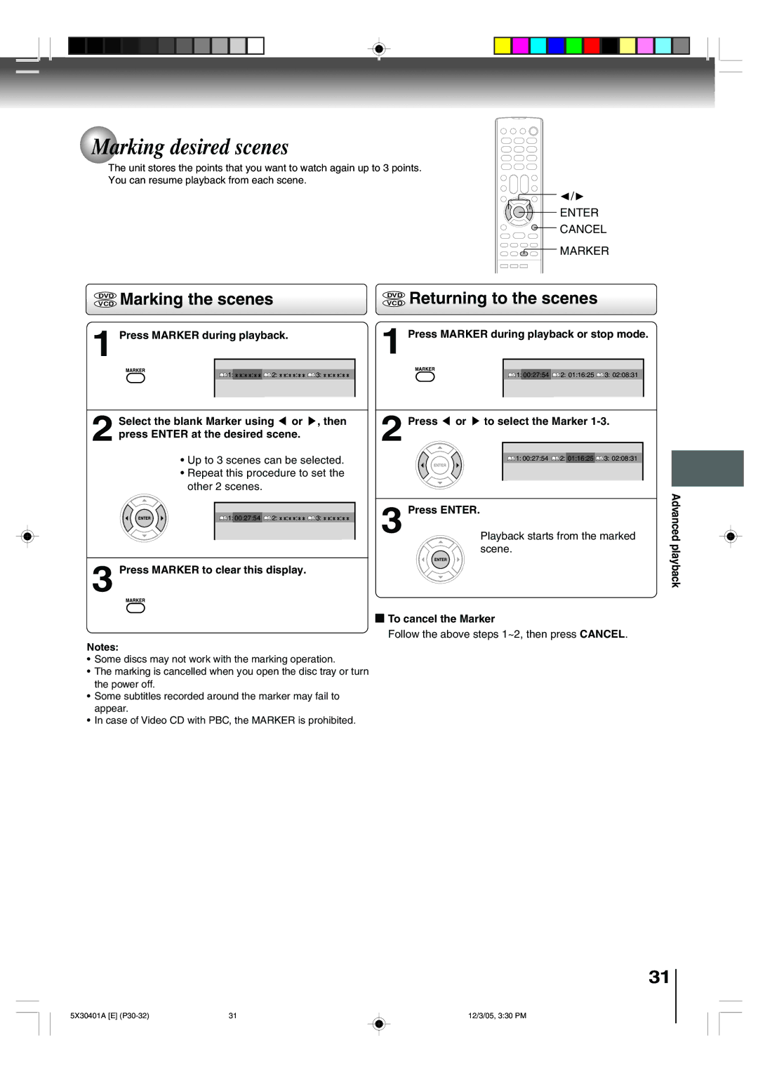 Toshiba MD20Q42, MD13Q42 owner manual Marking desired scenes, Vcddvd Marking the scenes, Vcddvd Returning to the scenes 