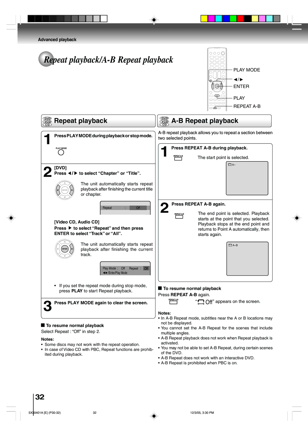 Toshiba MD13Q42, MD20Q42 owner manual Repeat playback/A-B Repeat playback, VCD Repeat playback, VCD A-B Repeat playback 