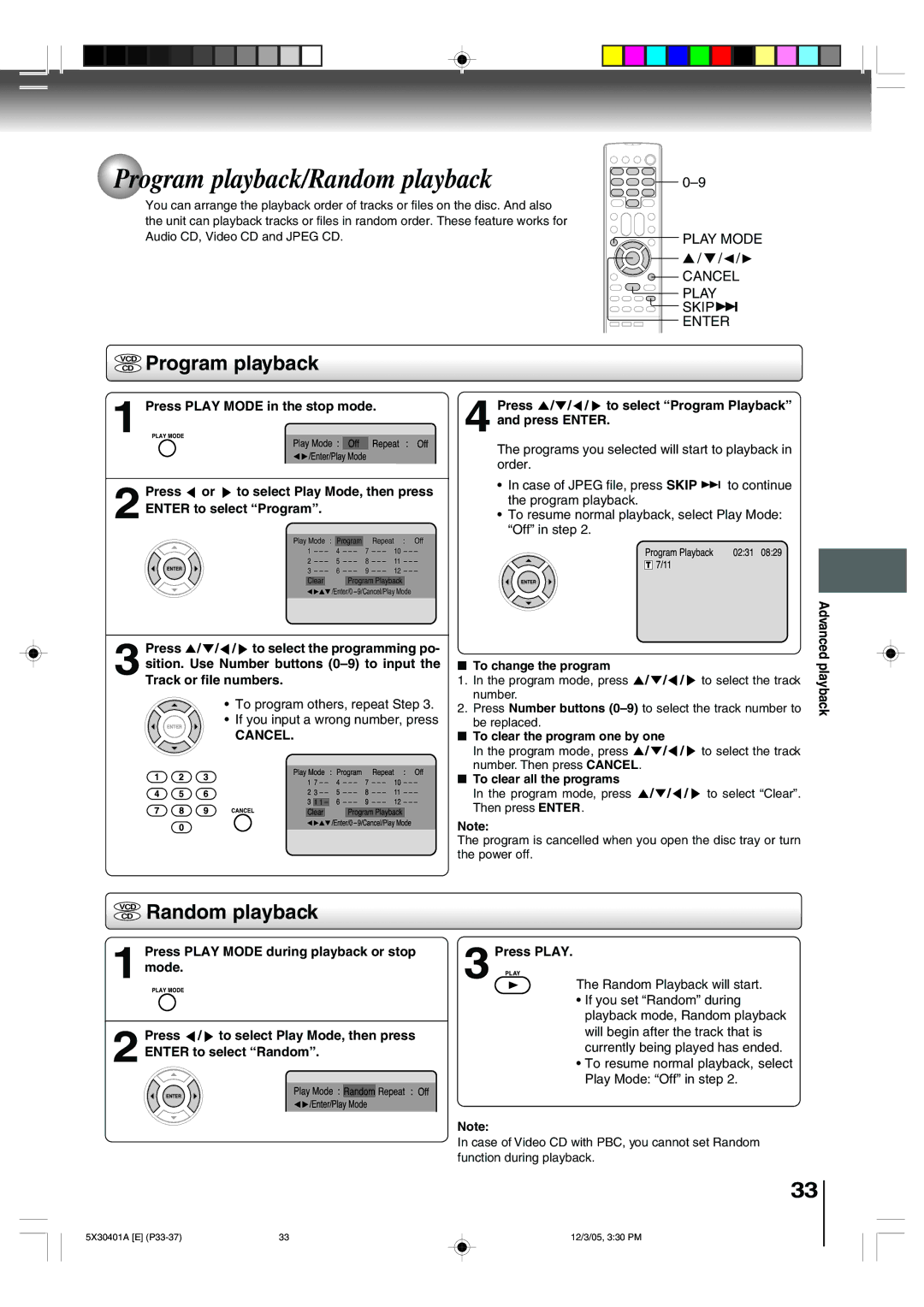 Toshiba MD20Q42, MD13Q42 owner manual Program playback/Random playback, CD Random playback 