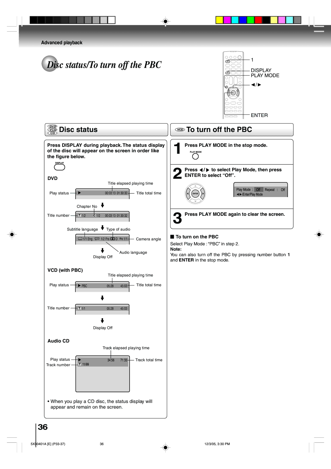 Toshiba MD13Q42, MD20Q42 Disc status/To turn off the PBC, VCD Disc status, VCD To turn off the PBC, VCD with PBC, Audio CD 