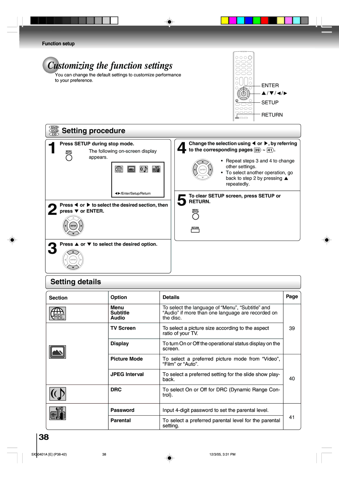 Toshiba MD13Q42, MD20Q42 Customizing the function settings, Setting details, To clear Setup screen, press Setup or, Return 