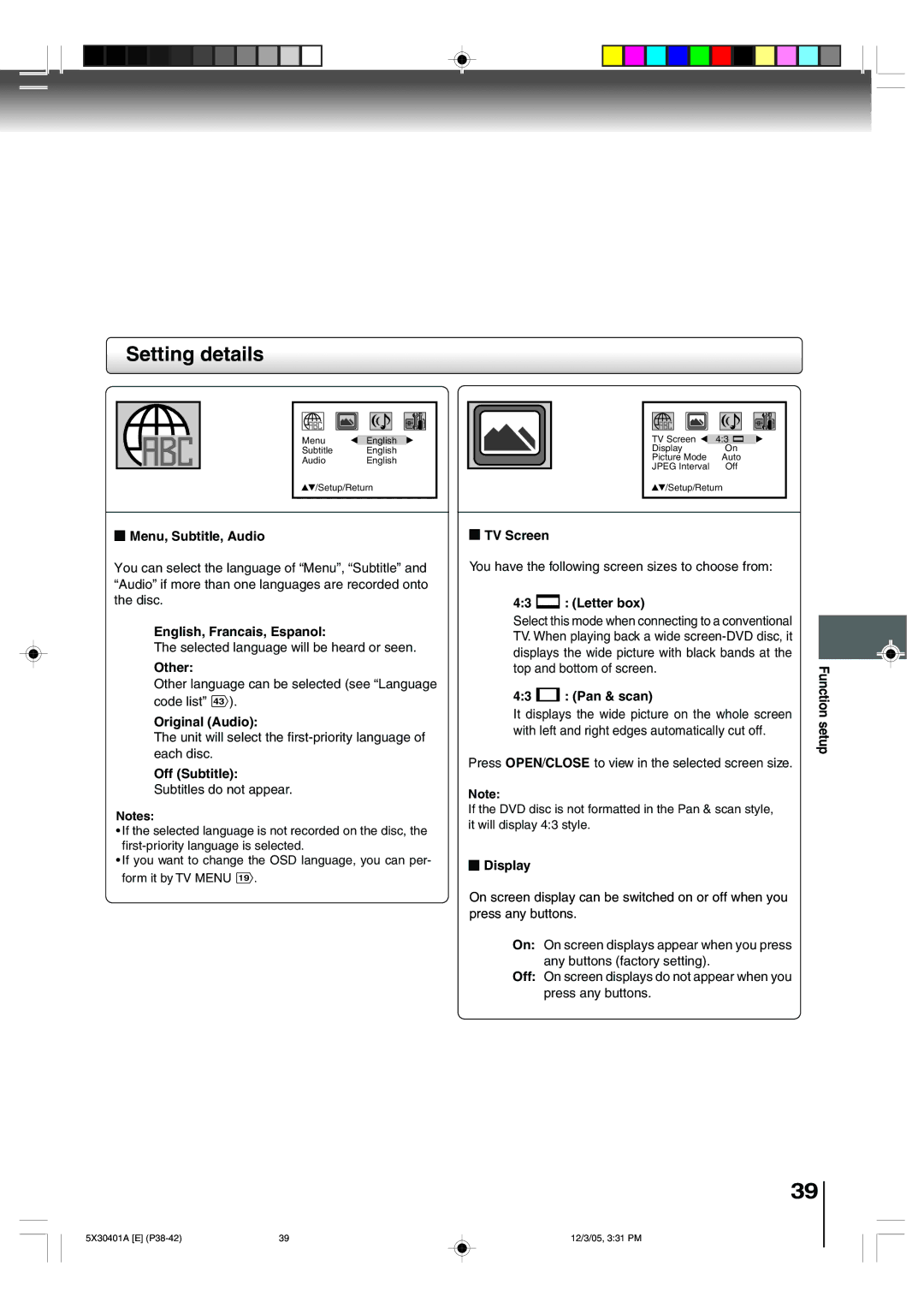 Toshiba MD20Q42 Menu, Subtitle, Audio, English, Francais, Espanol, Other, Original Audio, Off Subtitle, TV Screen, Display 