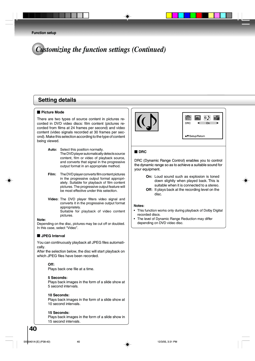 Toshiba MD13Q42, MD20Q42 owner manual Picture Mode, Drc, Jpeg Interval, Off, Seconds 