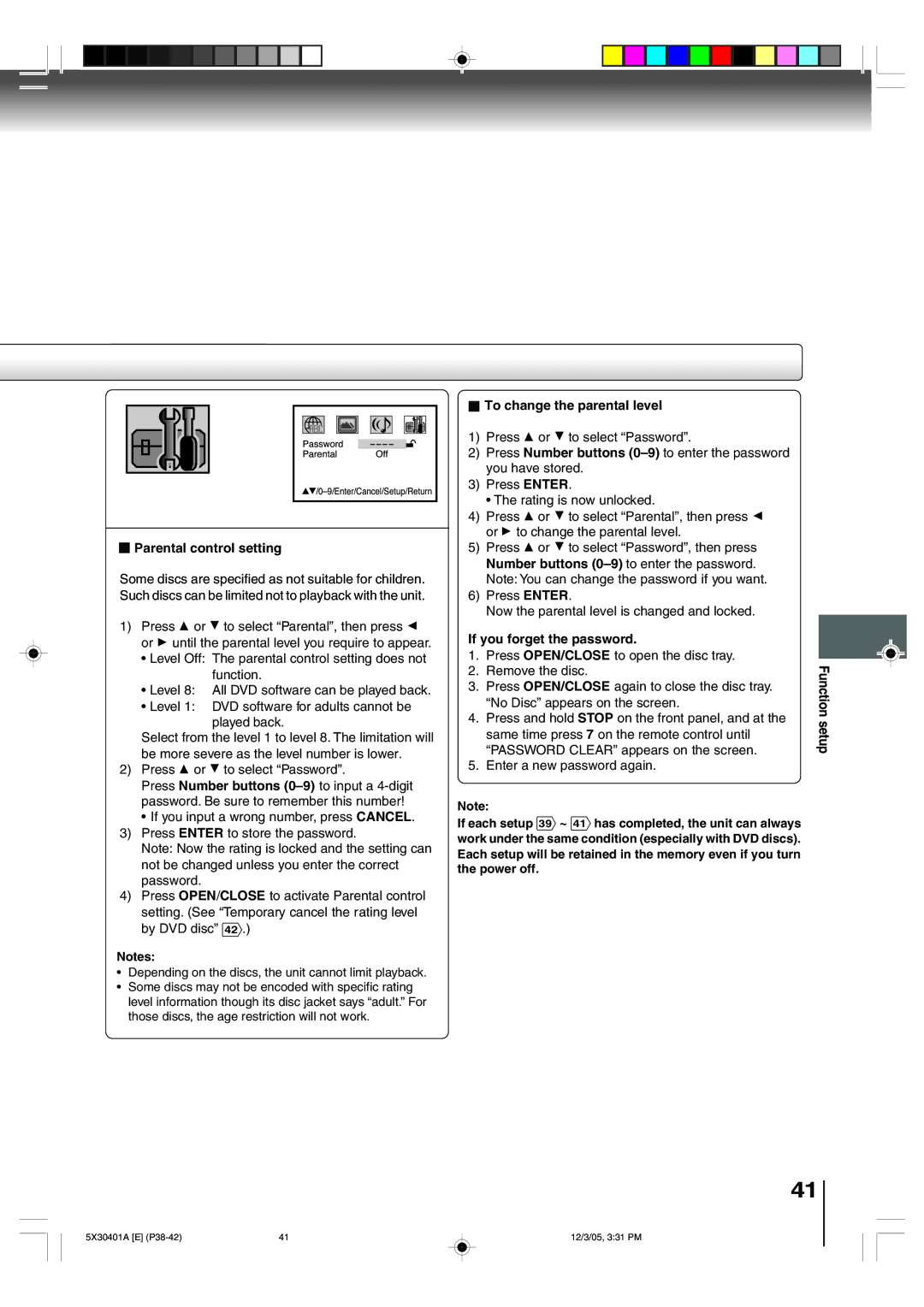 Toshiba MD20Q42, MD13Q42 owner manual Parental control setting, To change the parental level, If you forget the password 