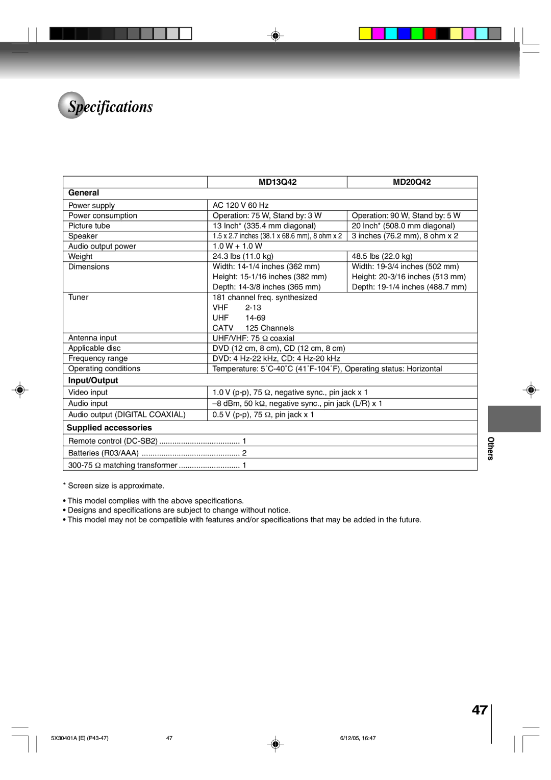 Toshiba owner manual Specifications, MD13Q42 MD20Q42 General 