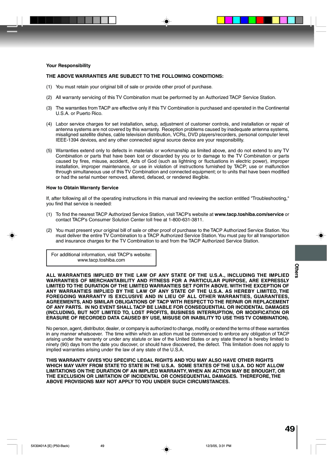 Toshiba MD20Q42, MD13Q42 owner manual Your Responsibility, Above Warranties are Subject to the Following Conditions 