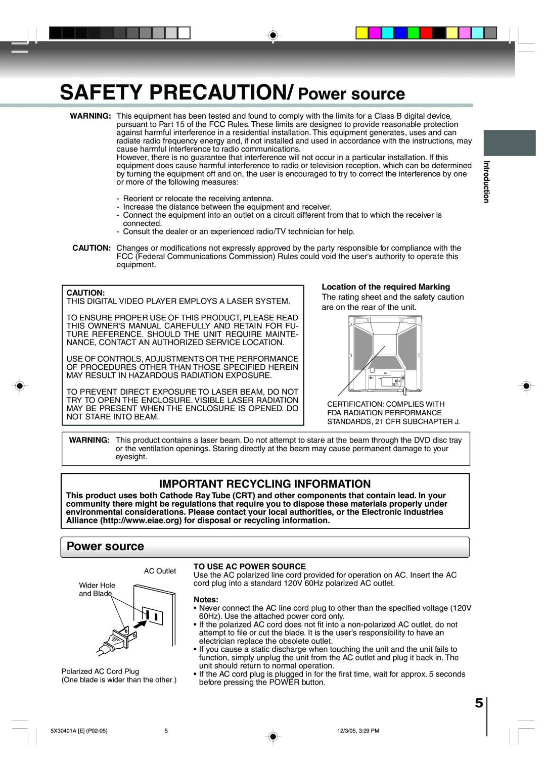 Toshiba MD20Q42, MD13Q42 owner manual Safety PRECAUTION/ Power source 