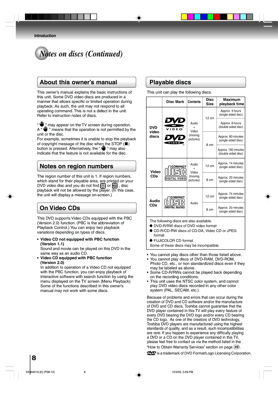 Toshiba MD13Q42, MD20Q42 owner manual On Video CDs, Playable discs, Dvd 