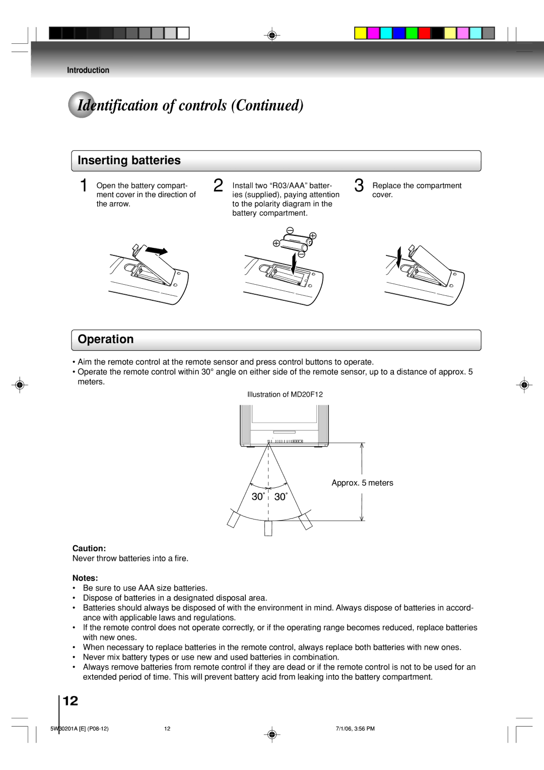 Toshiba MD14F12, MD20F12 owner manual Inserting batteries, Operation 