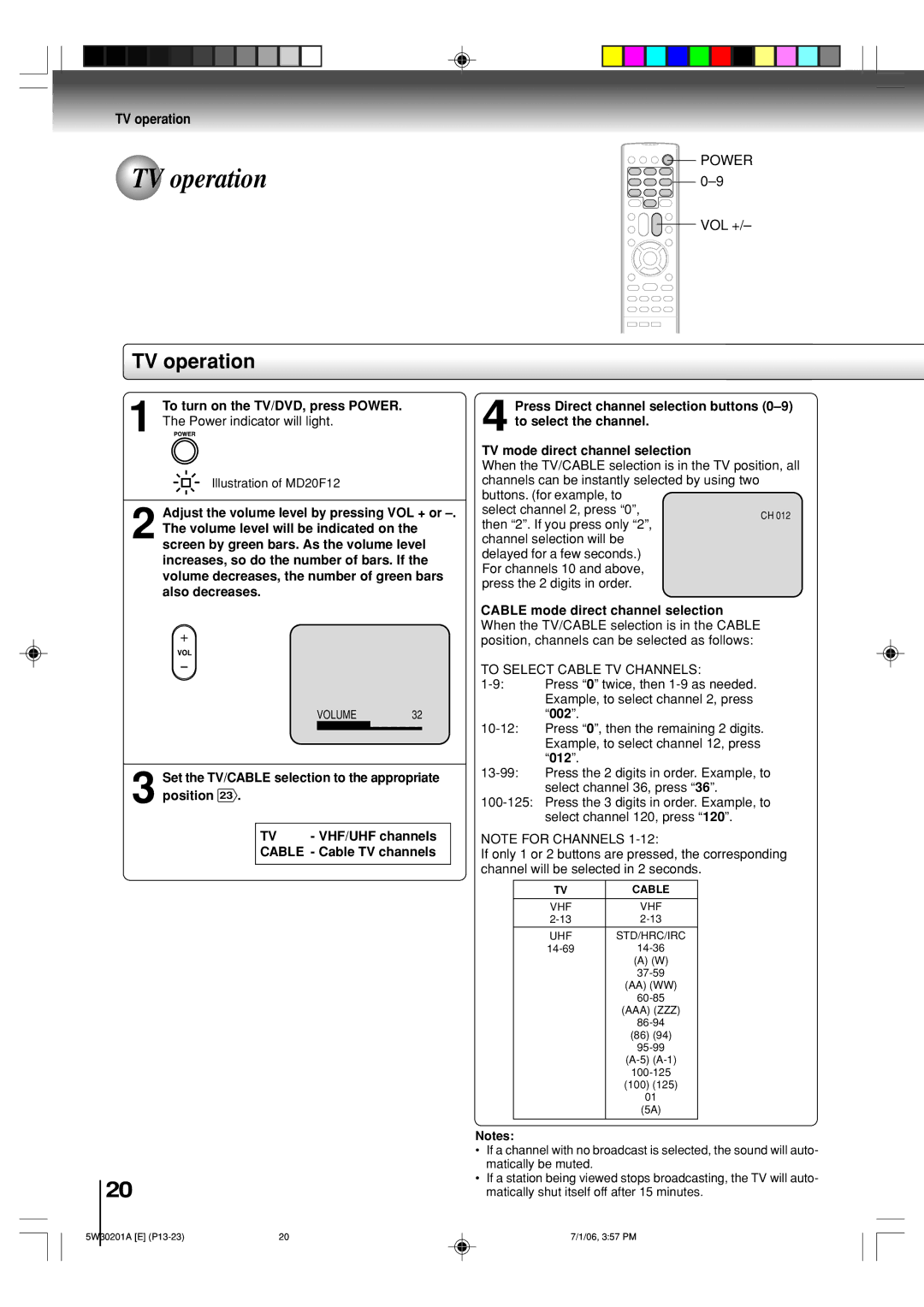 Toshiba MD14F12, MD20F12 owner manual TV operation, TV VHF/UHF channels Cable Cable TV channels, Matically be muted 