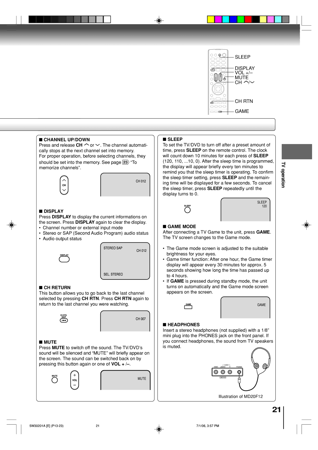 Toshiba MD20F12, MD14F12 owner manual Channel UP/DOWN, Display, CH Return, Mute, Sleep, Game Mode, Headphones 