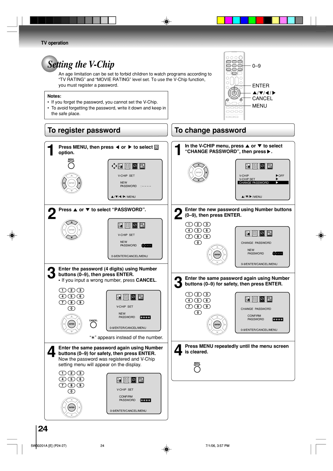 Toshiba MD14F12, MD20F12 Setting the V-Chip, To register password, To change password, Press or to select Password 