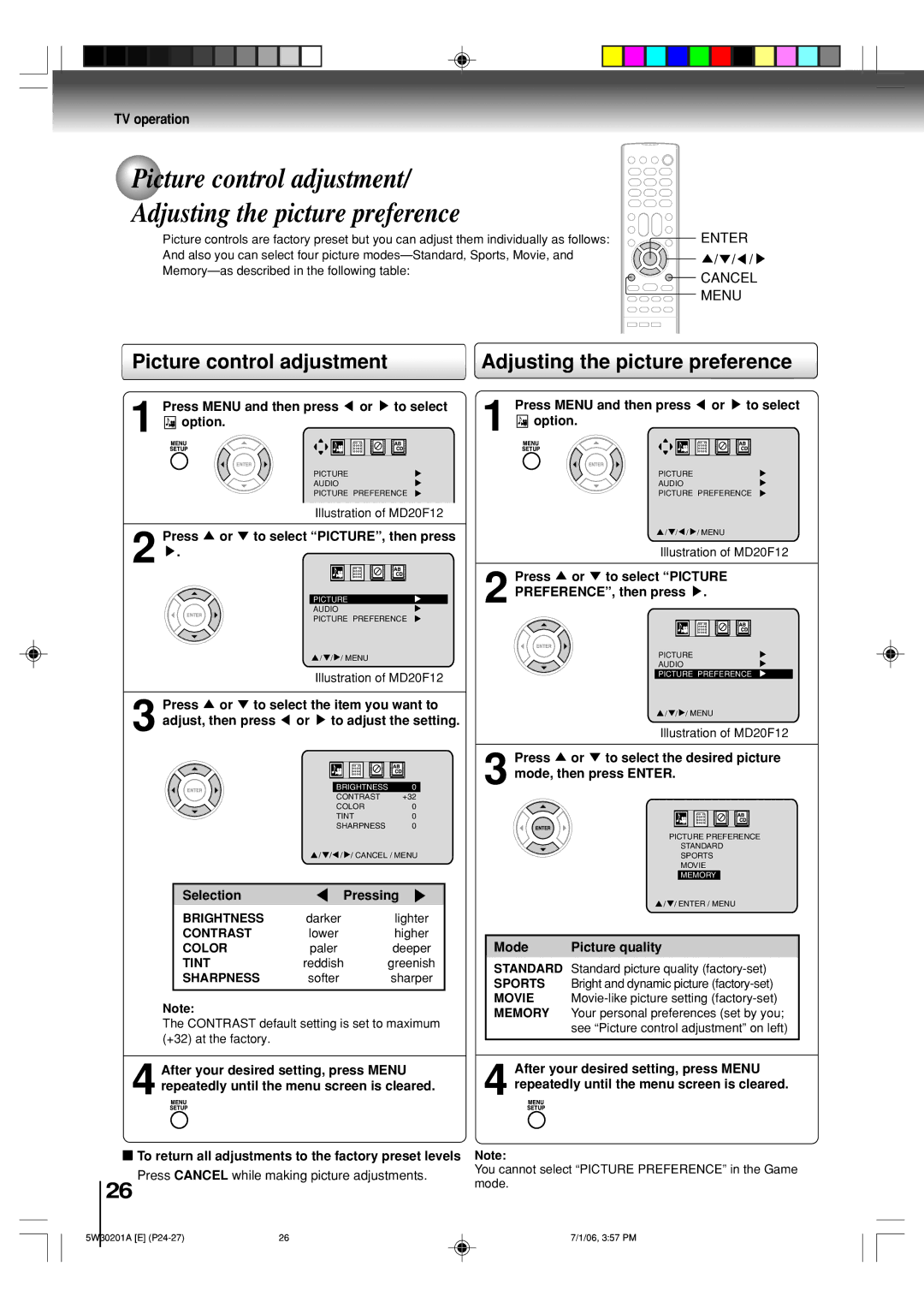 Toshiba MD14F12, MD20F12 owner manual Picture control adjustment Adjusting the picture preference 