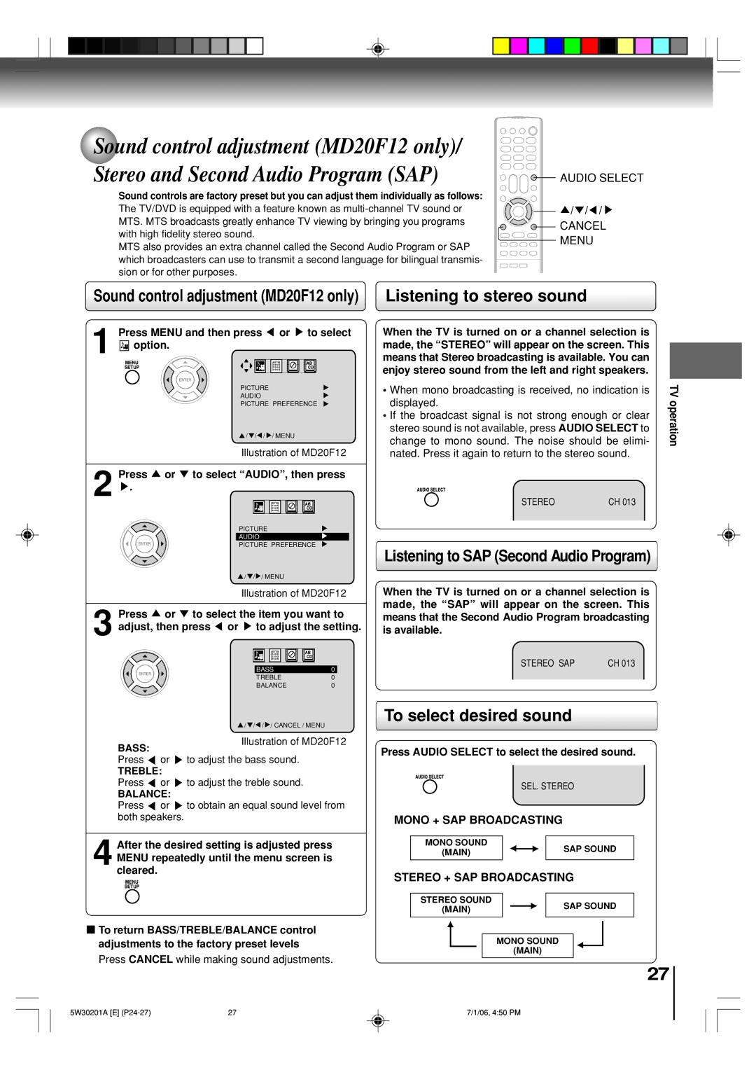 Toshiba MD20F12, MD14F12 Listening to stereo sound, Listening to SAP Second Audio Program, To select desired sound 