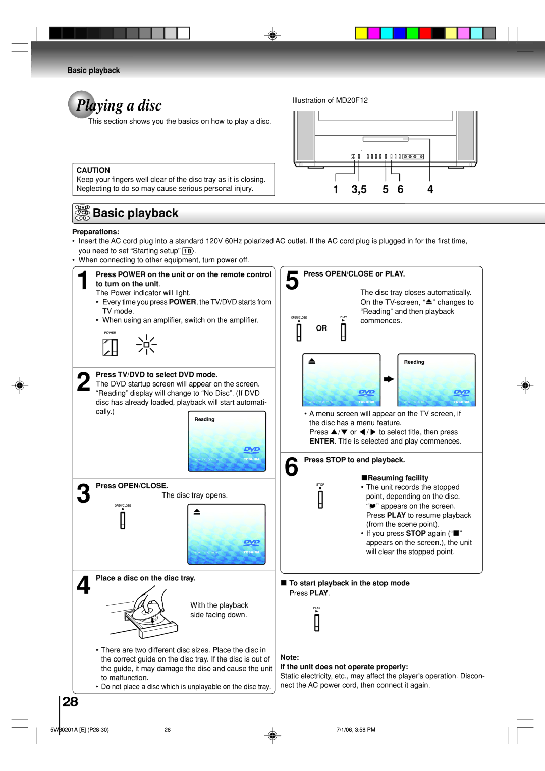 Toshiba MD14F12, MD20F12 owner manual Playing a disc, Vcdcd Basic playback 