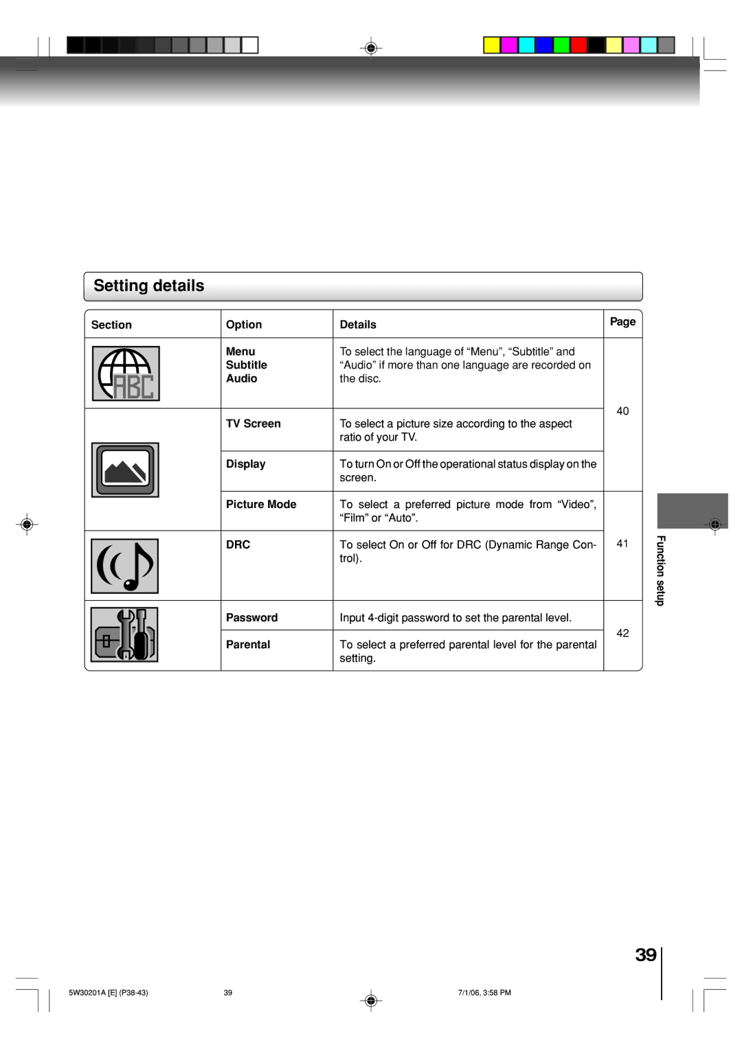 Toshiba MD20F12, MD14F12 owner manual Setting details, To turn On or Off the operational status display on, Function setup 