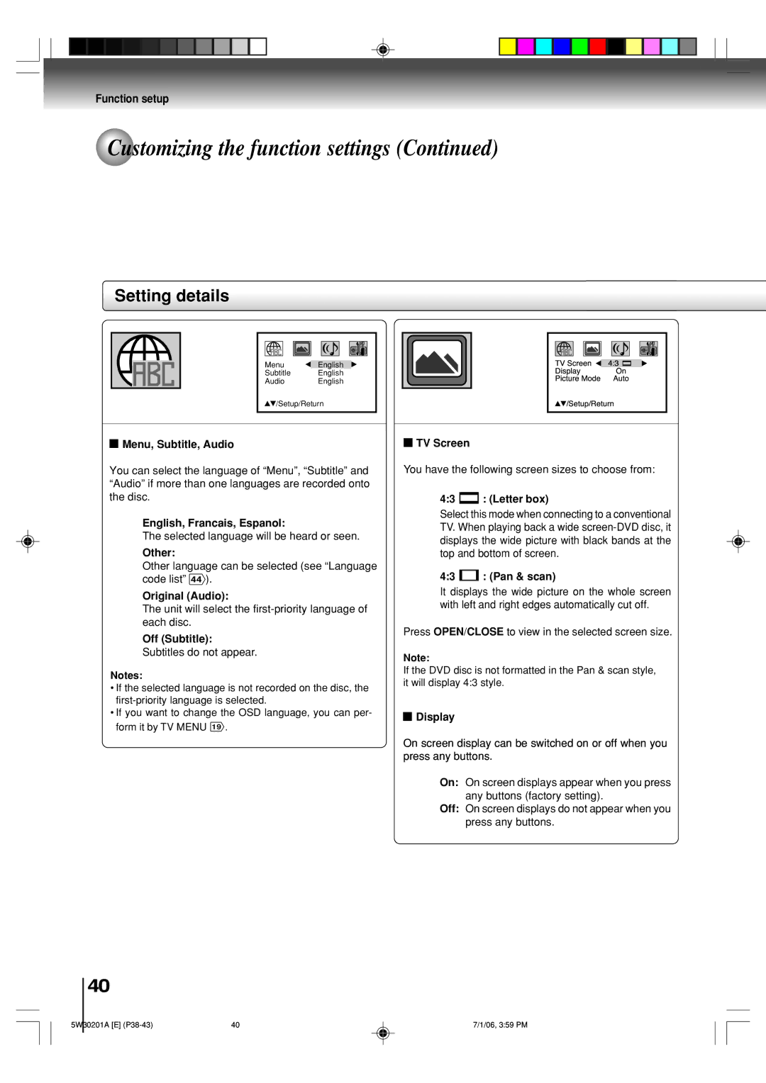 Toshiba MD14F12 Menu, Subtitle, Audio, English, Francais, Espanol, Other, Original Audio, Off Subtitle, TV Screen, Display 