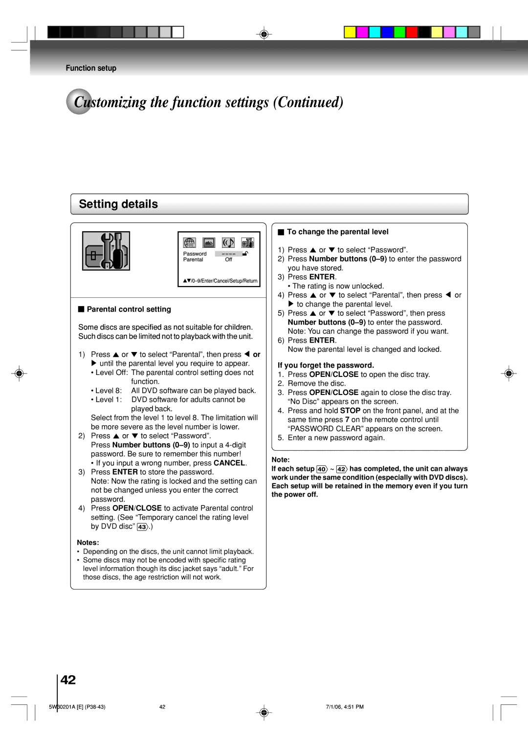 Toshiba MD14F12, MD20F12 owner manual Parental control setting, To change the parental level, If you forget the password 