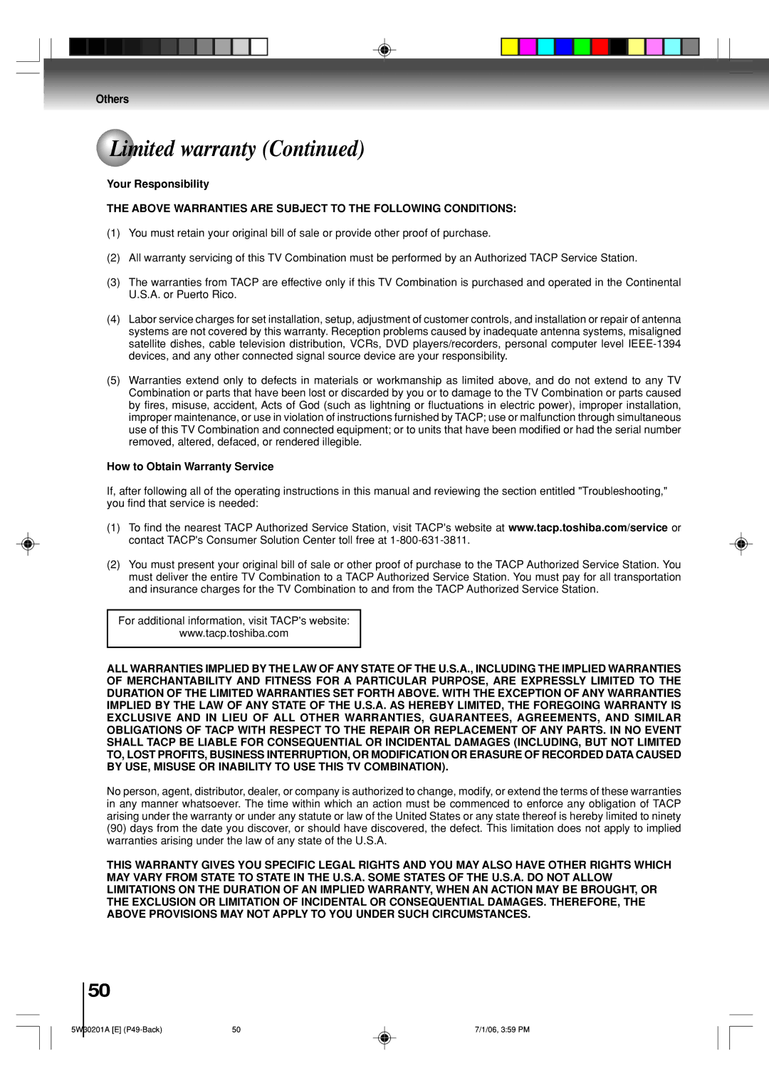 Toshiba MD14F12, MD20F12 owner manual Your Responsibility, Above Warranties are Subject to the Following Conditions 