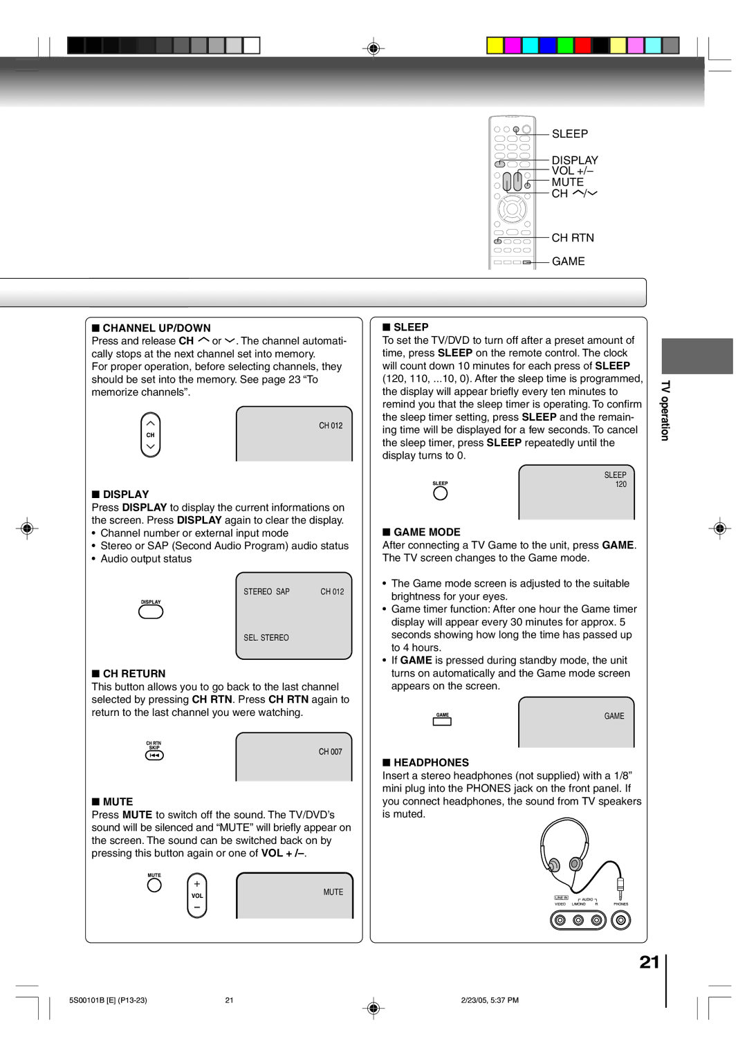 Toshiba MD14F51 owner manual Channel UP/DOWN, Display, CH Return, Mute, Sleep, Game Mode, Headphones 