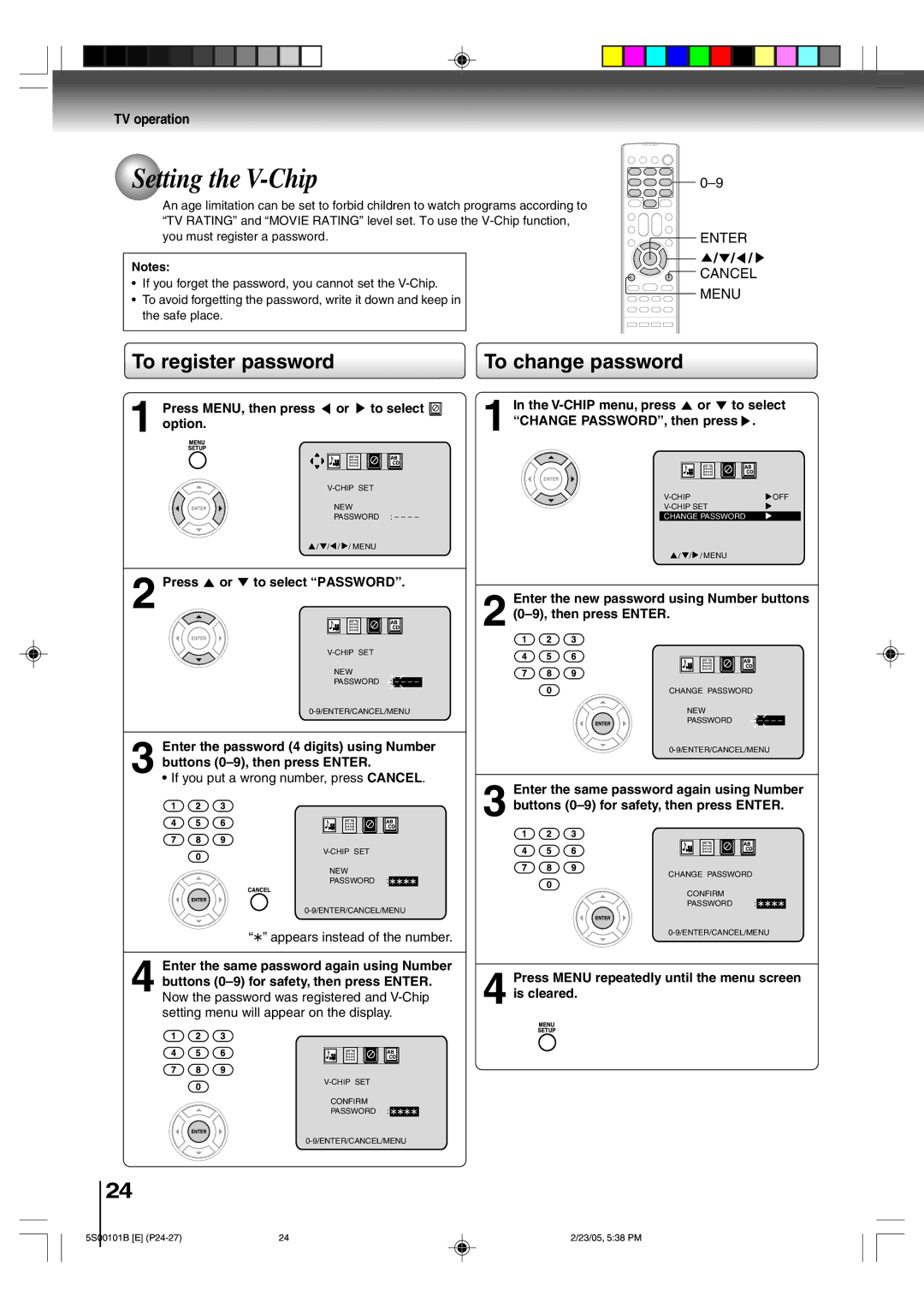 Toshiba MD14F51 owner manual Setting the V-Chip, To register password, To change password 