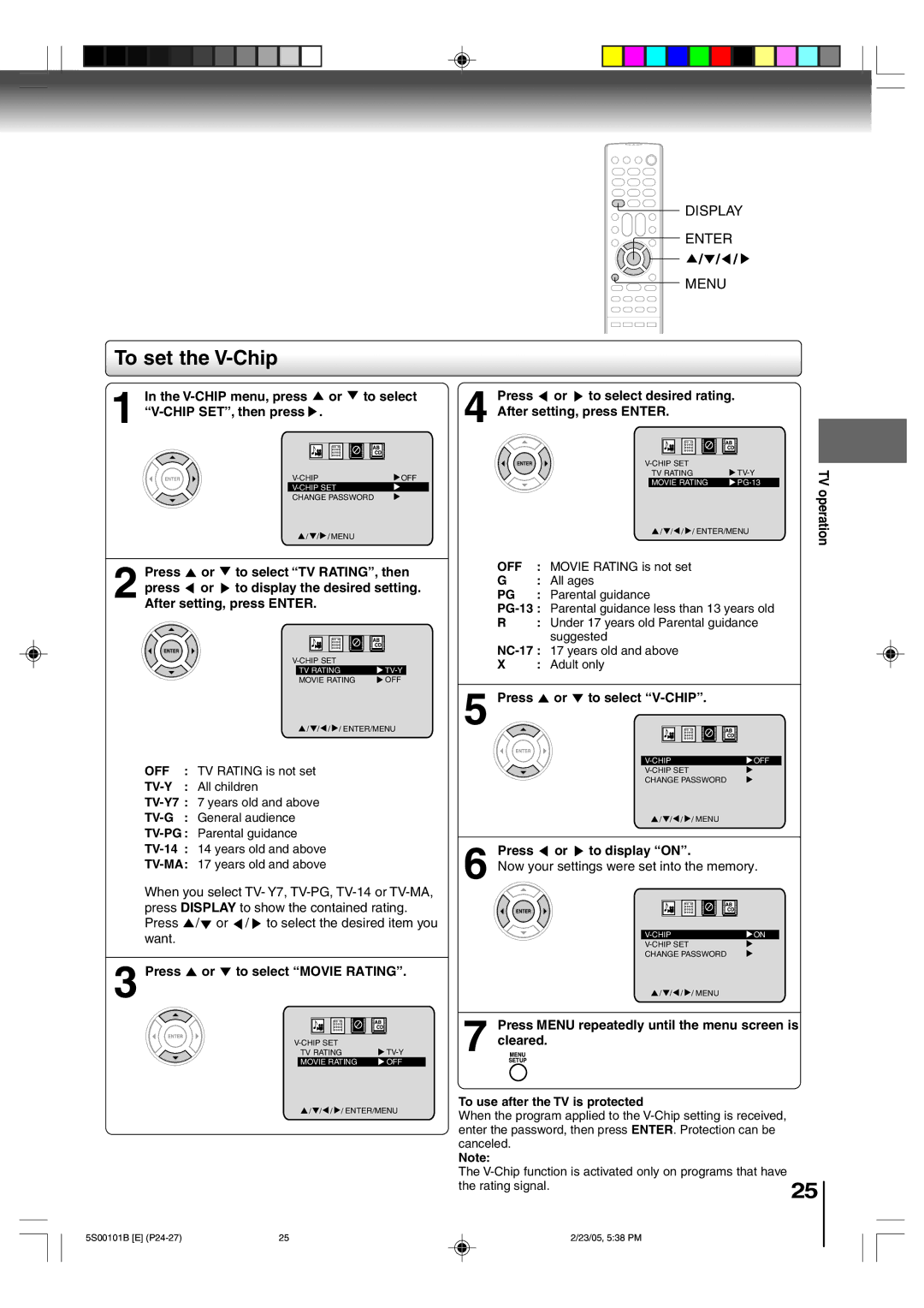 Toshiba MD14F51 owner manual To set the V-Chip, Off, Tv-Y, Tv-G, Tv-Ma 