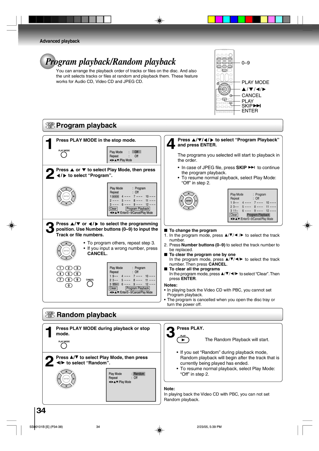 Toshiba MD14F51 owner manual Program playback/Random playback, Vcdcd Program playback 