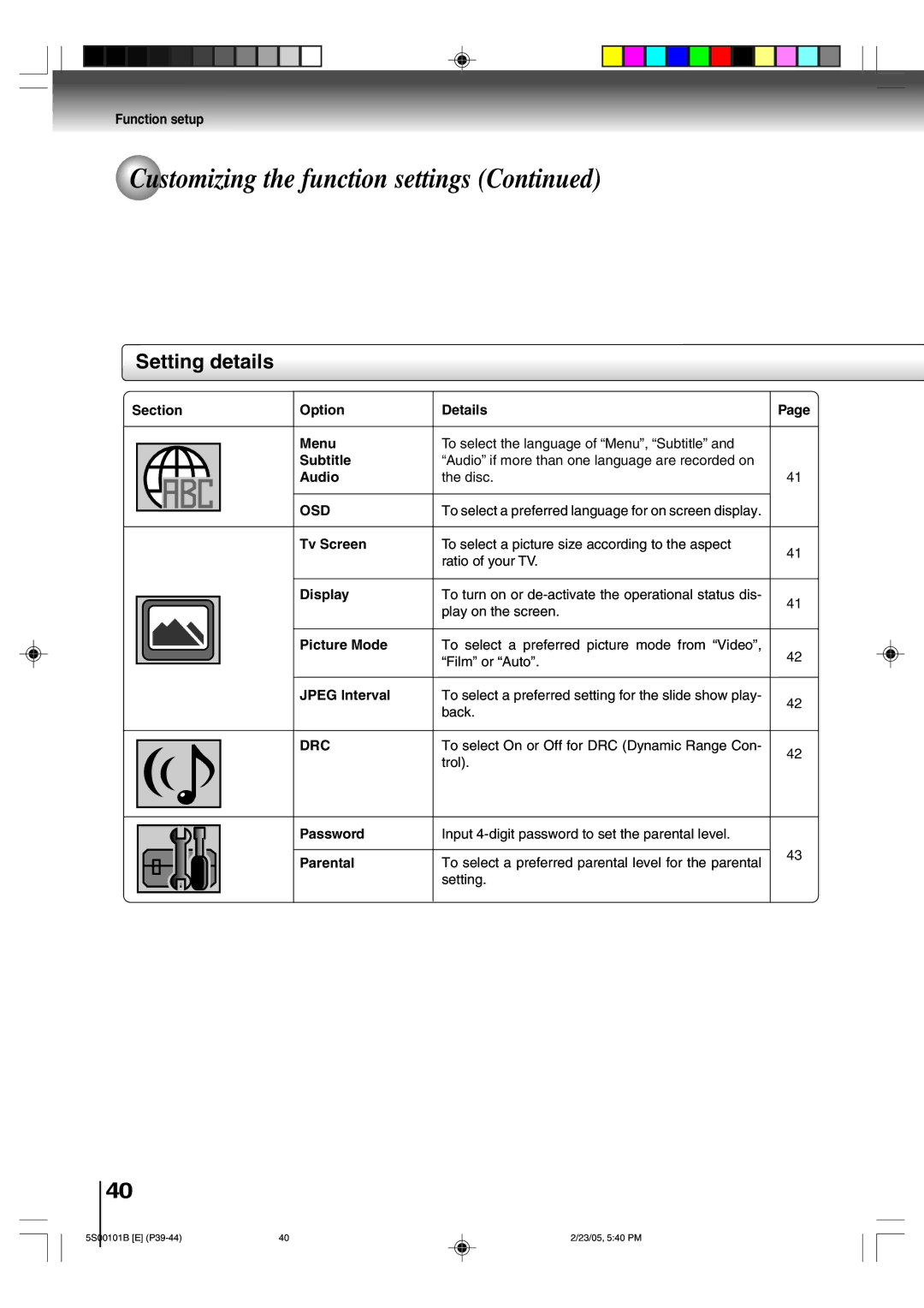 Toshiba MD14F51 owner manual Setting details, Osd 