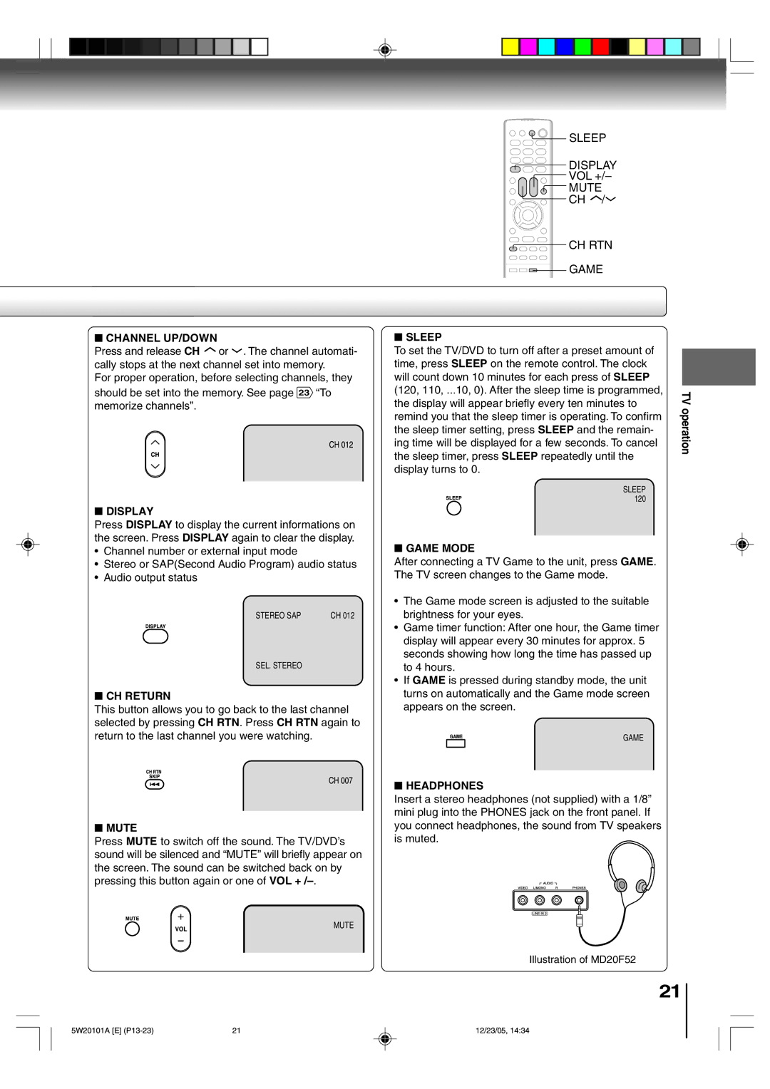 Toshiba MD20F52, MD14F52 owner manual Channel UP/DOWN, Display, CH Return, Mute, Sleep, Game Mode, Headphones 