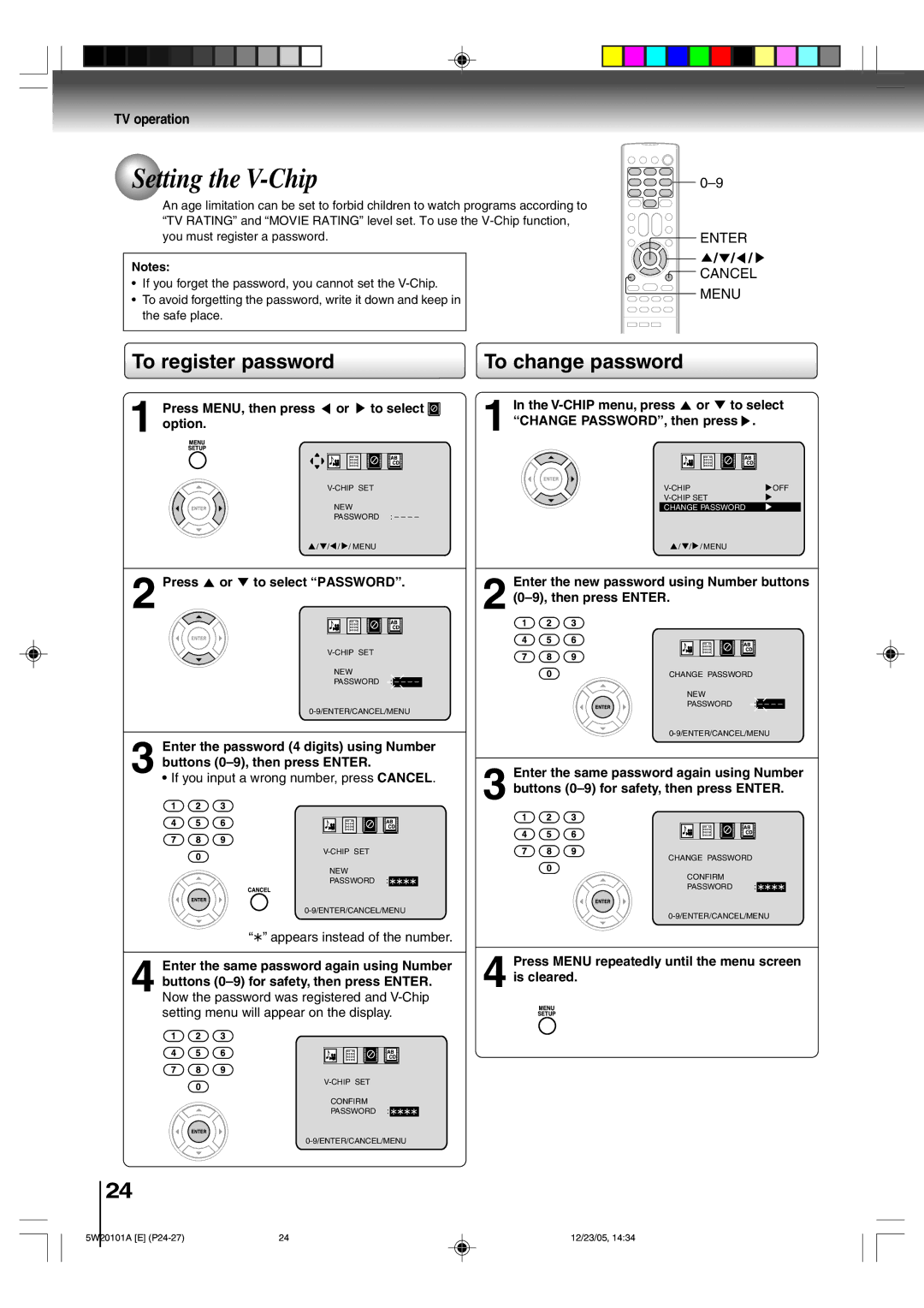 Toshiba MD14F52, MD20F52 Setting the V-Chip, To register password, To change password, Press or to select Password 