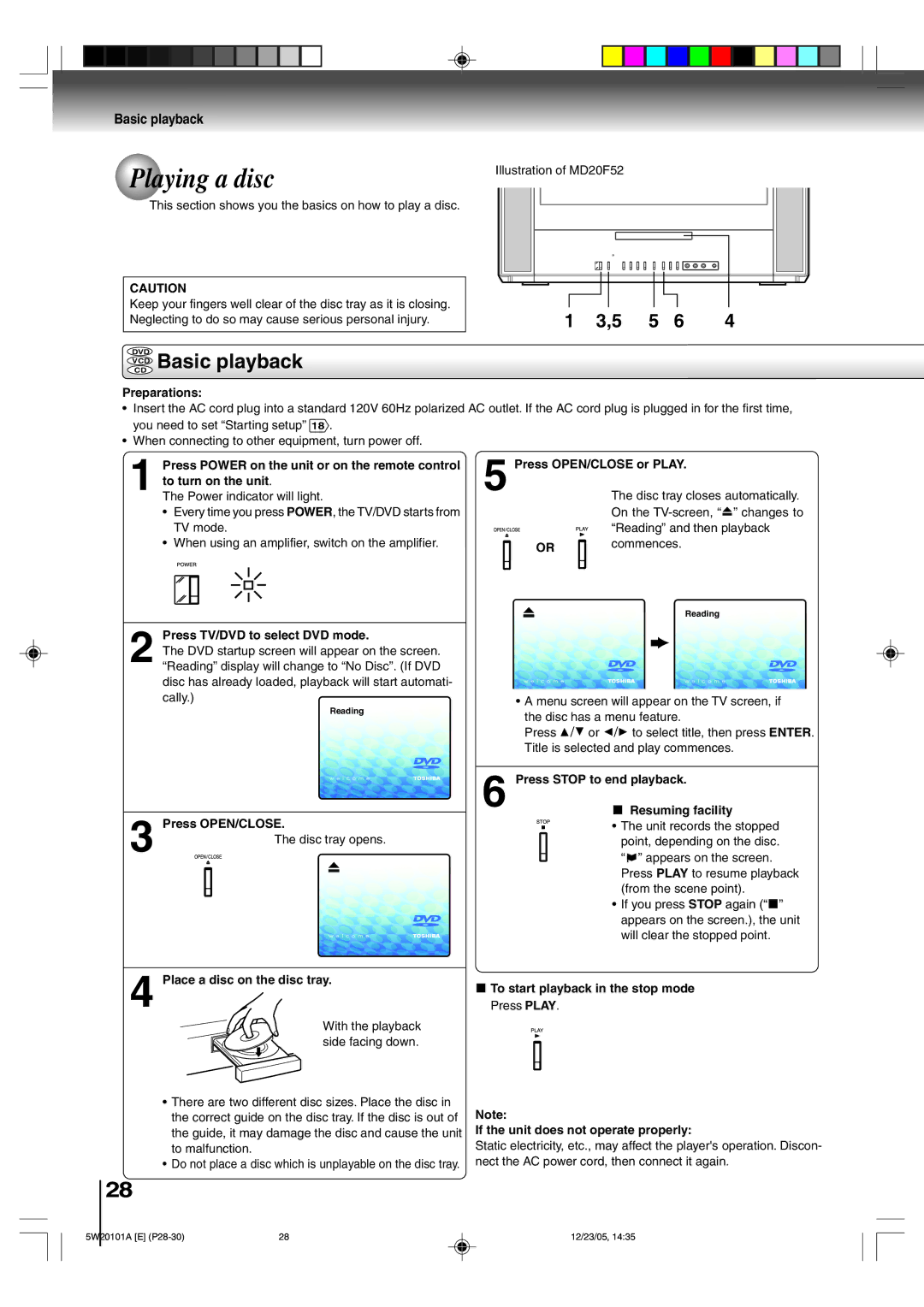 Toshiba MD14F52, MD20F52 owner manual Playing a disc, Vcdcd Basic playback 