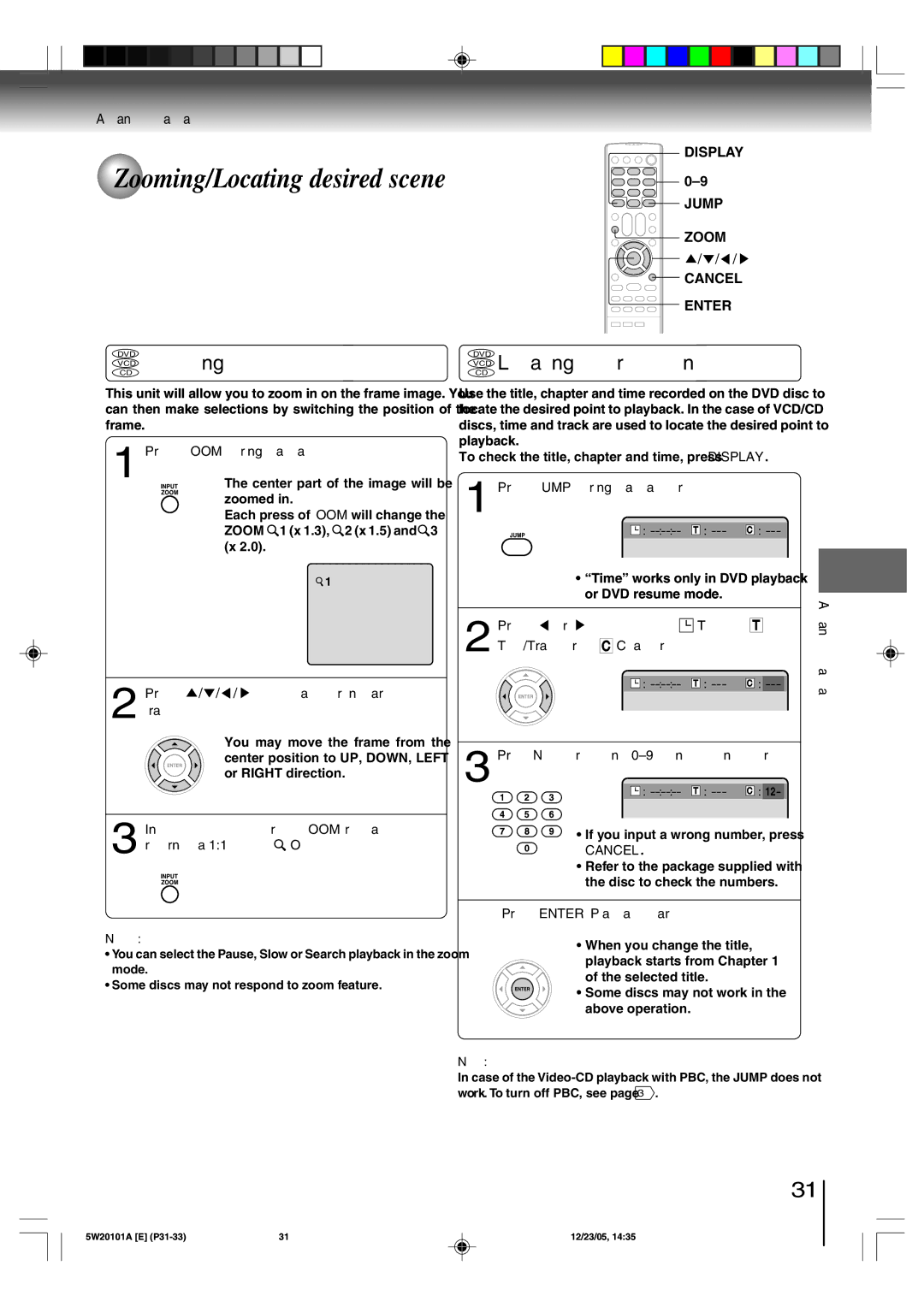 Toshiba MD20F52, MD14F52 owner manual Zooming/Locating desired scene, VCD Zooming, VCD Locating desired scene, Cancel 