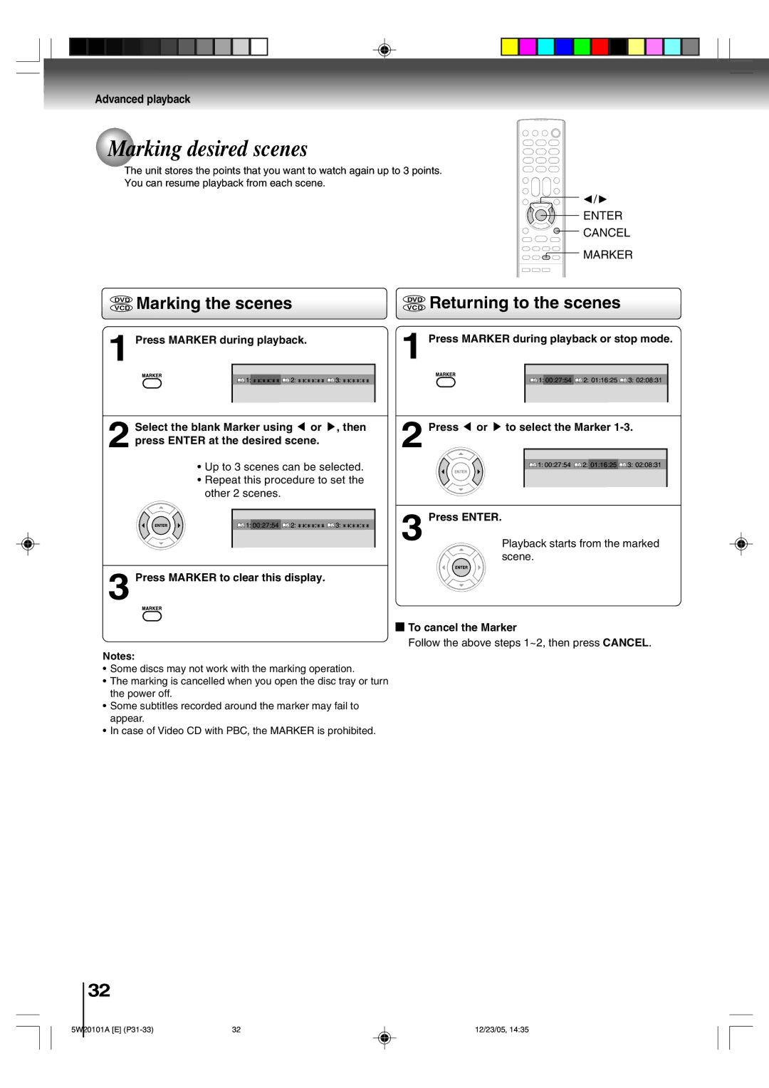 Toshiba MD14F52, MD20F52 owner manual Marking desired scenes, Vcddvd Marking the scenes, Vcddvd Returning to the scenes 