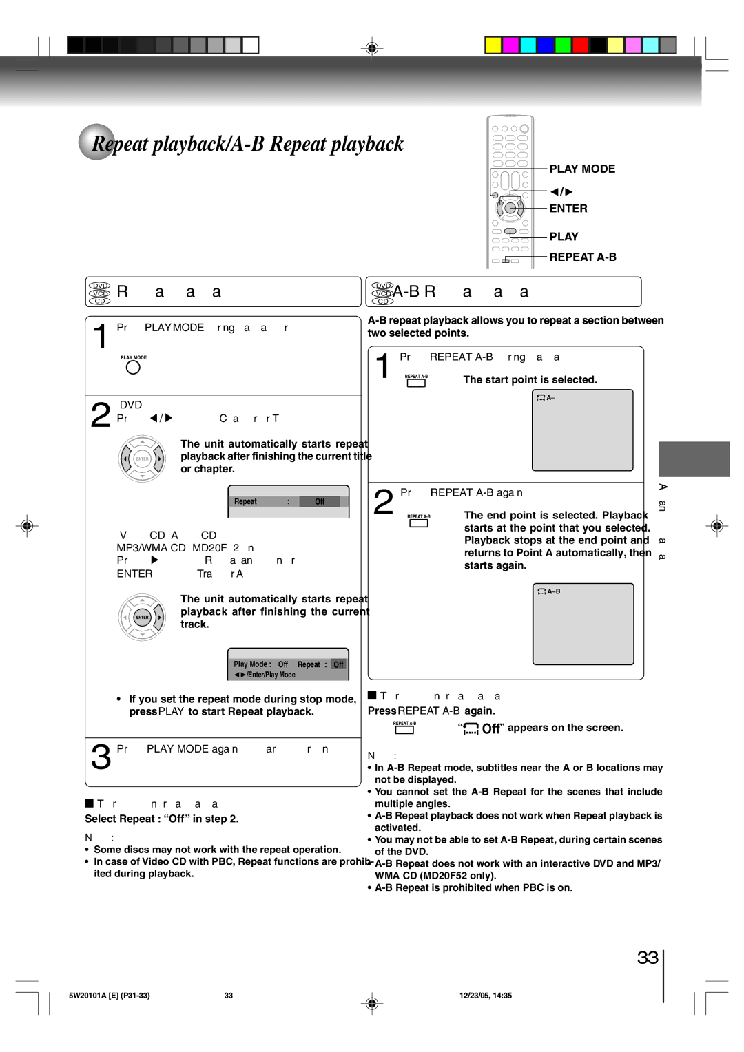 Toshiba MD20F52, MD14F52 owner manual Repeat playback/A-B Repeat playback, VCD Repeat playback, VCD A-B Repeat playback 