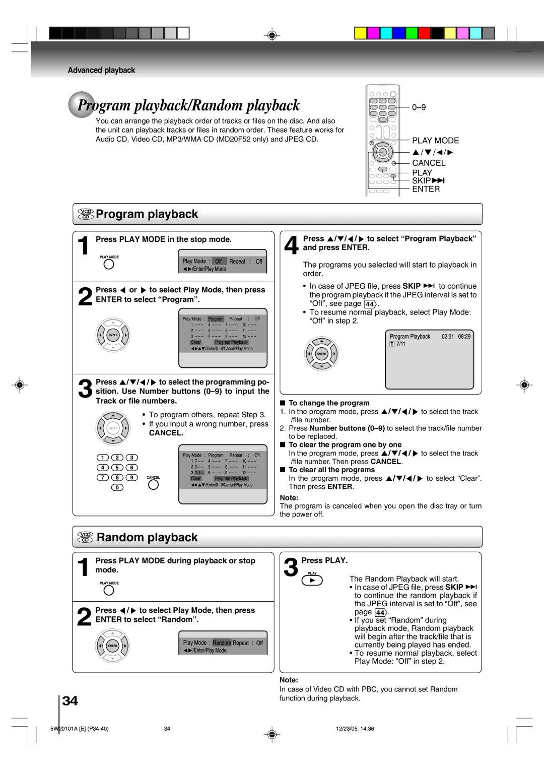 Toshiba MD14F52, MD20F52 owner manual Program playback/Random playback, VCD CD Program playback, VCD Random playback 