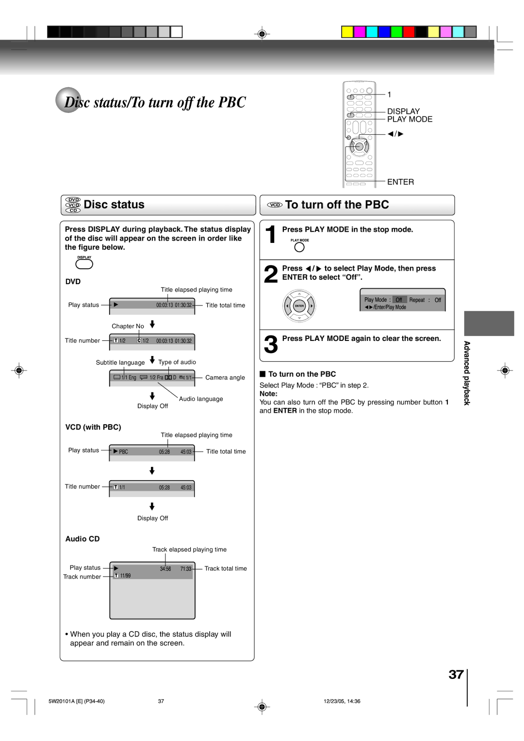 Toshiba MD20F52, MD14F52 VCD Disc status, VCD To turn off the PBC, VCD with PBC, Audio CD, Select Play Mode PBC in step 