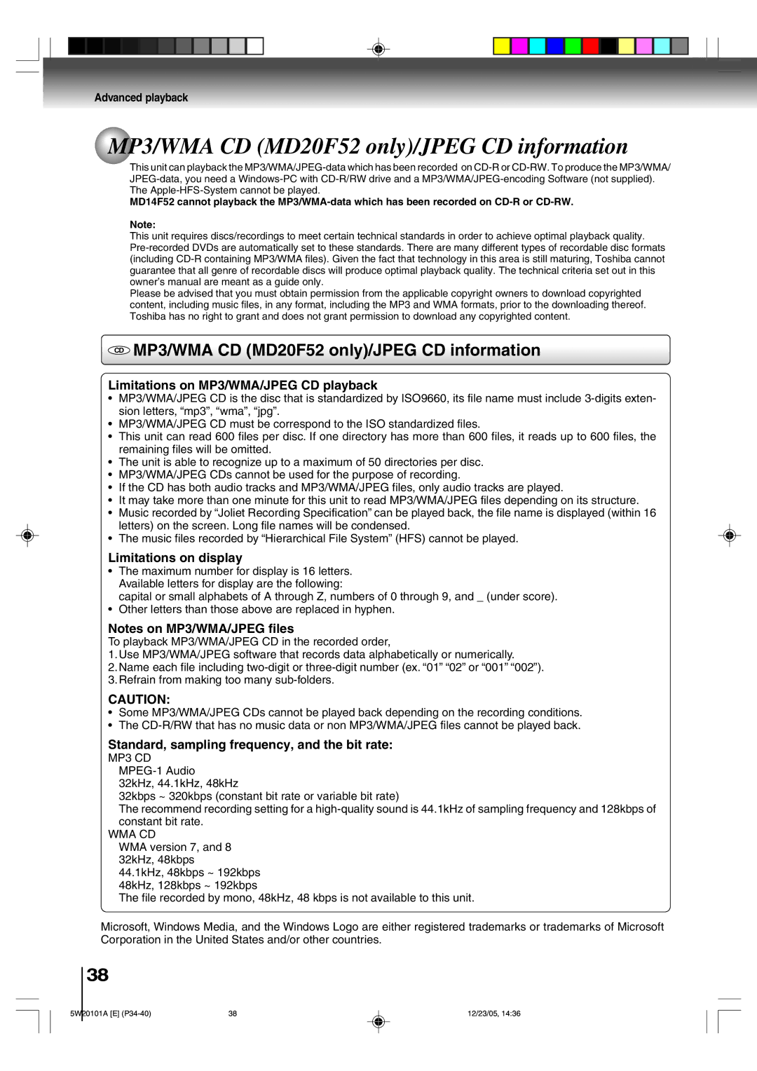 Toshiba MD14F52 owner manual CD MP3/WMA CD MD20F52 only/JPEG CD information 