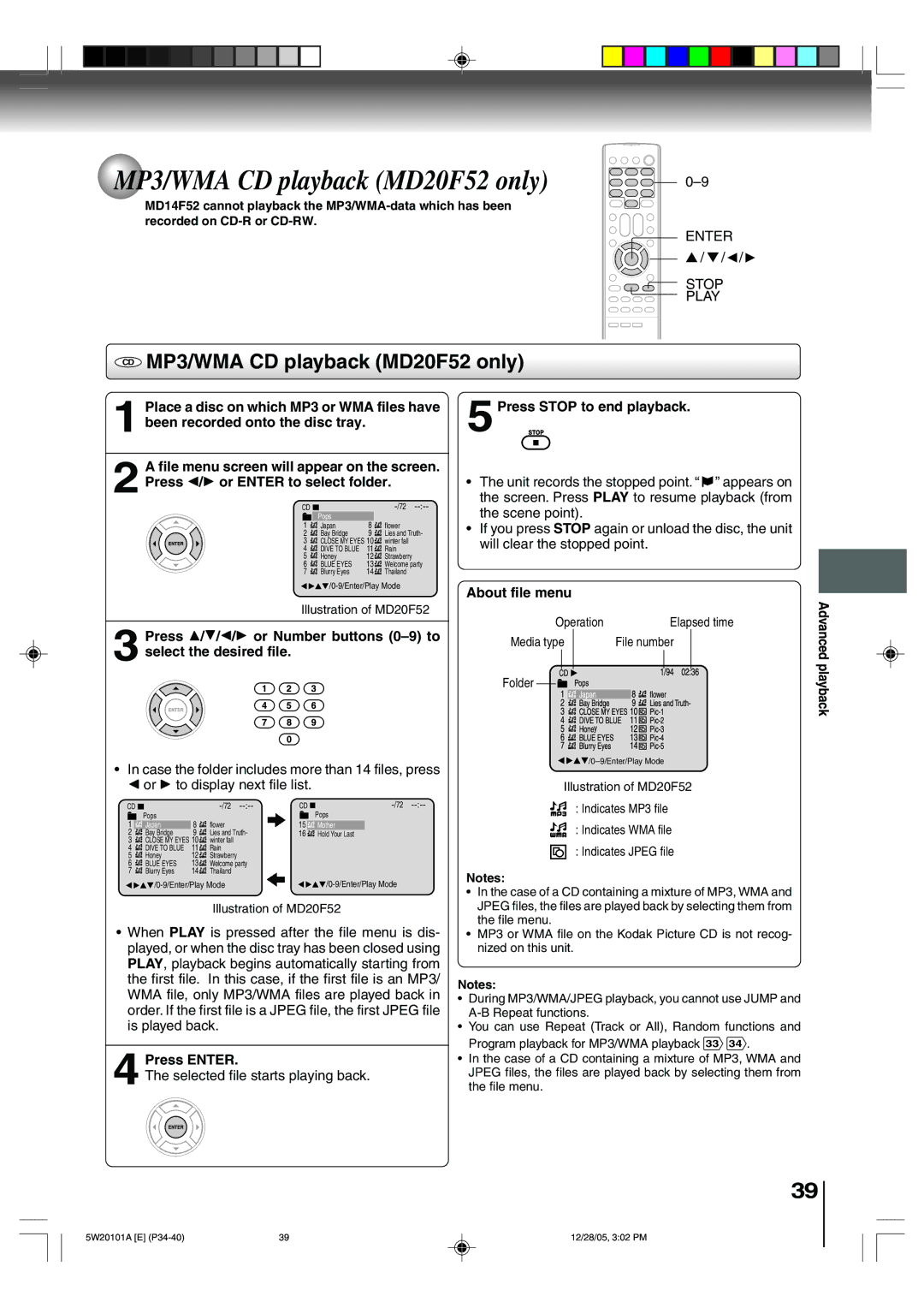 Toshiba MD14F52 owner manual CD MP3/WMA CD playback MD20F52 only, Operation Elapsed time, Media type File number 